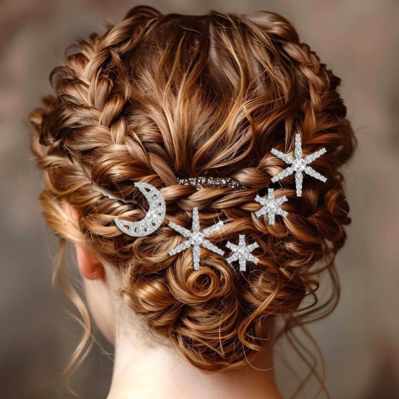 Molain 12Pcs Moon Star Hair Clips, Vintage Rhinestone Hair Pin Silver Stars Hairpins Crystal Celestial Hair Accessories Vintage Rhinestone Star Clips Bobby Pins for Women - Image 3